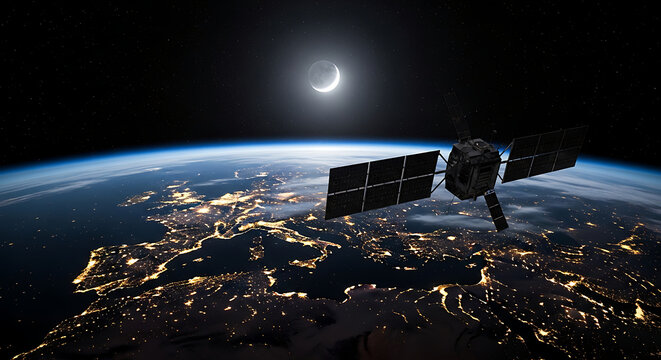 A satellite orbits Earth at night, with city lights illuminating the continents and a crescent moon in the dark sky.