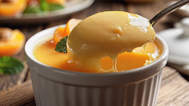 Close up of apricot dessert in a white ramekin with fresh mint garnish