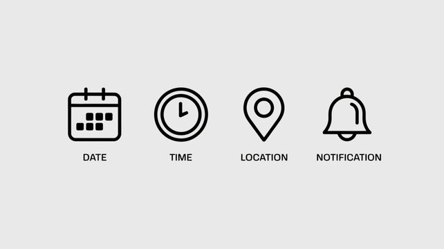 A collection of four simple linear icons representing date time location and notification on a light gray background high quality professional detailed modern elegant stylish clean