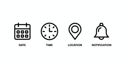 A minimalist graphic displays four line art icons representing date time location and notification each with a corresponding label high quality professional detailed modern elegant stylish © Ultimate