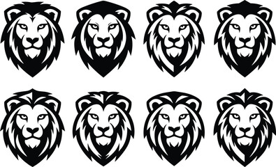 Lion head silhouettes, bold graphic vector illustration, black and white artwork of mane and facial features, decorative animal design, strength, courage, leadership symbol © MOSTSUMAIYA