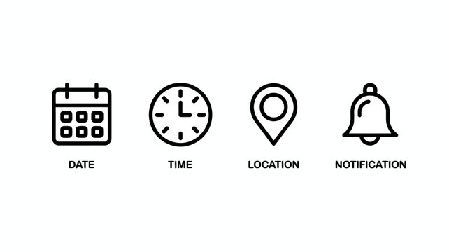 A minimalist graphic displays four line art icons representing date time location and notification each with a corresponding label high quality professional detailed modern elegant stylish