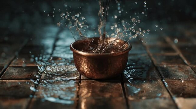 A copper bowl sits on wet wooden planks as water pours into it with a dramatic splash