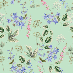 Fototapeta premium Blue and pink flowers, bellflowers, leaves, herbs, mint green background. Floral illustration. Vector seamless pattern. Botanical design. Meadow nature plants