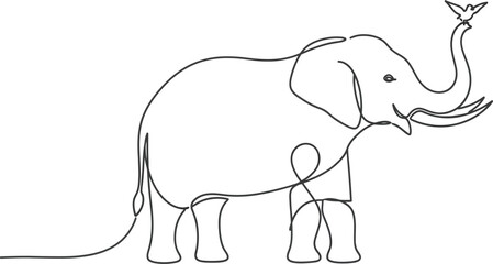 Fototapeta premium Whimsical sketch of an elephant and a tiny human companion isolated on white background, Vector
