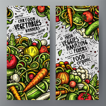 Cartoon vector doodle set of Fresh Vegetables banners templates. Corporate identity for the use on apps, branding, flyers, web design. Funny veggies colorful illustration.