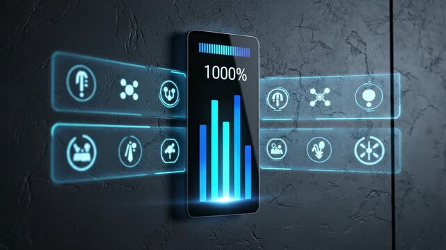 Intelligent home control interface inspired by a smart light switch concept, a dark charcoal wall featuring a slim black capacitive touch panel with animated light bars indicating brightness levels,