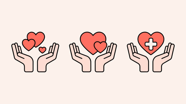 Three pairs of hands are gently cupping red hearts each with a unique design representing love care and health high quality professional detailed modern elegant stylish