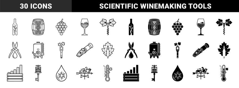 Hybrid Viticulture and Enology Icons Merging Wine Production Tools with Scientific Concepts and Organic Elements in Minimalist Outline and Silhouette Style
