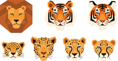 Big cat animal faces vector set with lion, tiger, leopard and cheetah illustrations for wildlife logos, mascots, safari and nature design © EdGe Creative