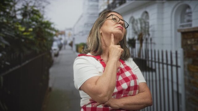 Woman cook in gingham apron with finger to chin and glasses on street by townhouse fence and sidewalk; thoughtful reflection.