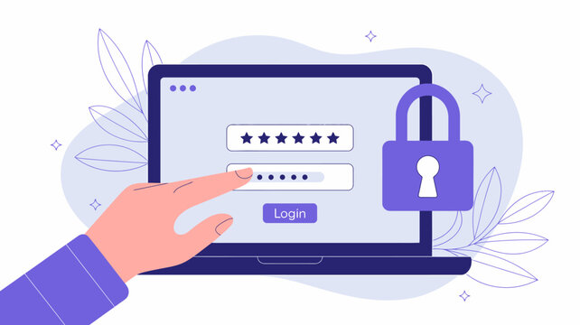 A hand is poised to enter a password on a laptop displaying a login screen with a padlock symbolizing online security measures high quality professional detailed