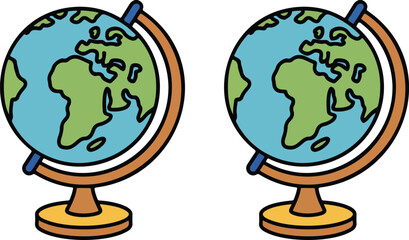 Simple cartoon illustration of two identical desktop globes with brown stands and yellow bases, showing Earth on white background © MDSHAHINUR