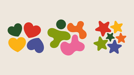 A vibrant arrangement of colorful shapes hearts paw prints and stars are displayed against a plain light beige background high quality professional detailed modern elegant stylish