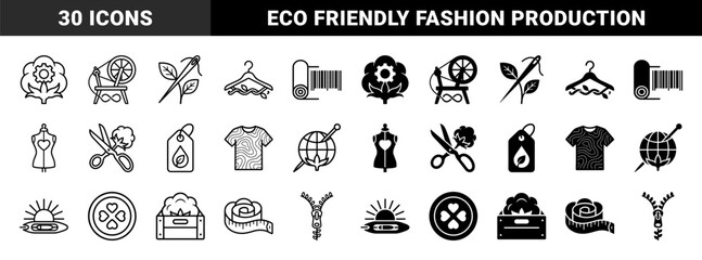 Naklejka premium Sustainable textile manufacturing icons featuring organic cotton hybrid symbols with sewing tools and eco friendly garment production elements