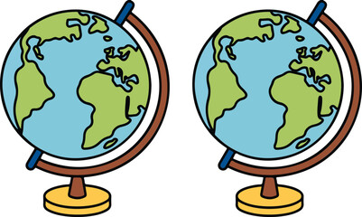 Simple cartoon illustration of two identical desktop globes with brown stands and yellow bases, showing Earth on white background © MDSHAHINUR