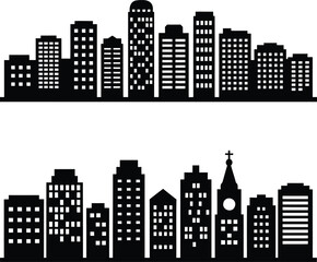 Fototapeta premium Silhouettes of modern skyscrapers and a church against a white background.