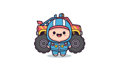 A cute cartoon character standing in front of a colorful monster truck against a white background Vector