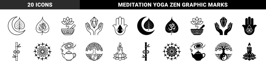 Fototapeta premium Zen Spiritual Hybrid Symbols Featuring Lotus Mortar and Pestle Bodhi Leaf Om Moon Crystal Hands Hamsa Eye and Yin Yang Tree of Life