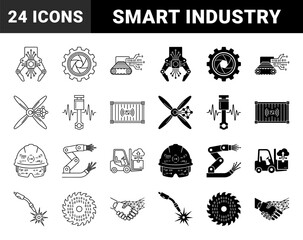 Obraz premium Industrial automation and smart manufacturing icons merging mechanical hardware with digital data signals and artificial intelligence circuitry