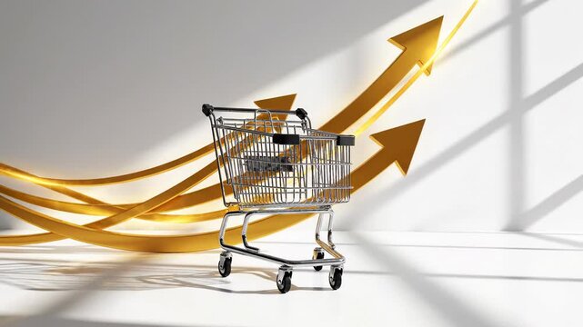 E-commerce success visualization inspired by online shopping cart theme, a minimalist white studio space with a metallic wireframe cart centered on a clean floor plane, warm golden arrows and abstract