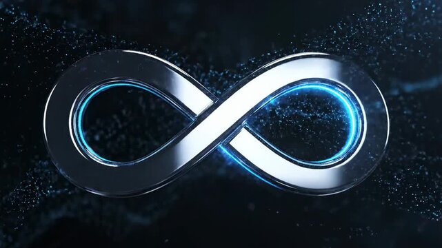 Video showcasing abstract glowing infinity path floating in digital space, endless cycle symbol for productivity apps, AI systems and long-term strategy campaigns.