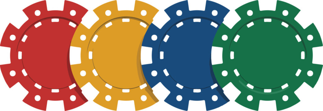 Set of four colorful casino poker chips in red, yellow, blue, and green, arranged horizontally on white background