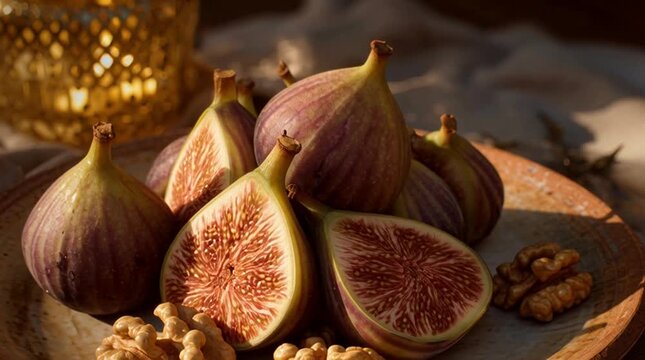 Close-up still life of fresh figs and walnuts on a wooden plate with a warm, golden lighting and rustic background