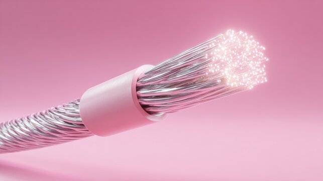 fiber optic cable glowing on a pink isolated background