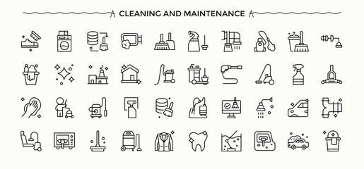 Cleaning And Maintenance modern icon set. Pack of disinfect, cleaner, cleaning, house, bin and more. Cleaning icon set. Minimal thin line web icons set. Editable vector art and illustration.