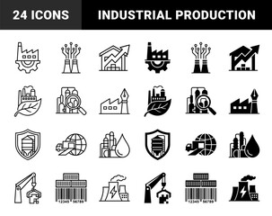 Obraz premium Industrial Manufacturing and Supply Chain Hybrid Icons Combining Factory Infrastructure with Green Energy Logistics and Chemical Processing Symbols