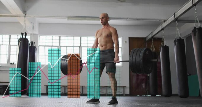 Man doing deadlift in gym finishing lockout and overlaying teal charts tracking data, lowering bar