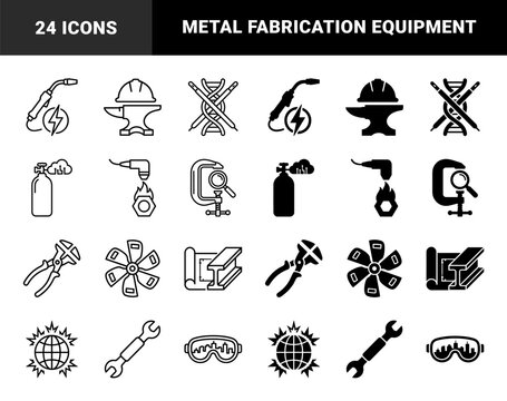 Heavy Industrial Fabrication and Manufacturing Hybrid Icons Featuring Welding Torches Integrated with Electricity and DNA Combined with Solder Pens