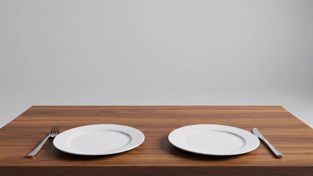 A pristine and minimalist dining setup featuring two empty white plates, a fork, and a knife meticulously arranged on a warm wooden table, creating a sense of calm anticipation for a meal