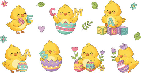 Cute Easter Chicks with Alphabet Letters and Decorated Eggs Cartoon Spring Holiday Vector Illustration Set