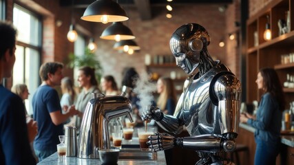 Obraz premium Futuristic Robot Barista Preparing Coffee in Modern Caf?