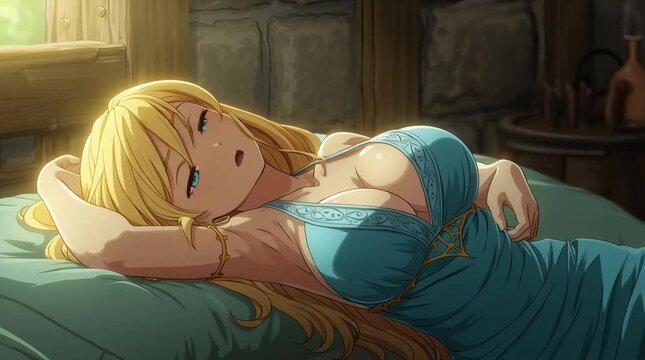 3D Anime Busty Elf Girl With Blonde Hair Lying on Bed Indoors for Lifestyle