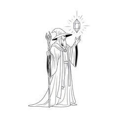 Obraz premium Wizard holding magic staff and pointing at glowing crystal