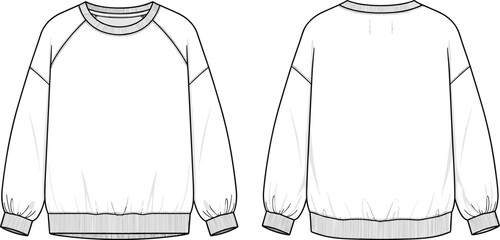 Technical Fashion Sketch of Raglan Sweatshirt, Front and Back View, CAD Drawing Flat Vector Illustration, Crew Neck Pullover Mockup, Streetwear Design. © MstLucky