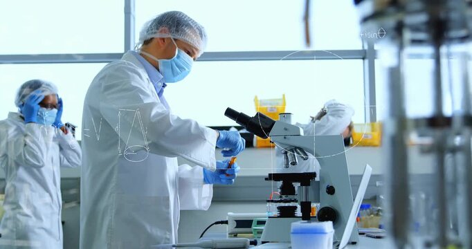Researcher opening vial and placing slide into microscope for analysis, diagrams overlaying bench
