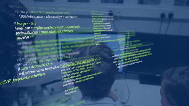 Seated developer operating workstation, initiating floating green code overlay during tech demo