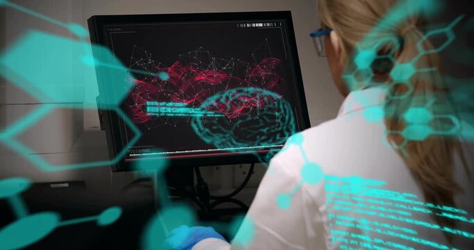 Researcher typing at lab desk, starting cyan code and overlaying red-teal brain visual for study