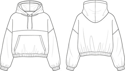 Technical Fashion Sketch of Cropped Hoodie, Front and Back View, CAD Drawing Flat Vector Illustration, Hooded Sweatshirt Mockup, Streetwear Apparel Design. © MstLucky