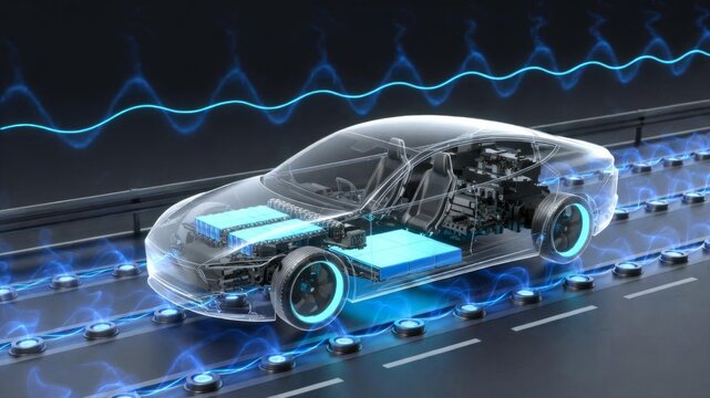 Transparent Electric Car with Battery and Motor Components on Smart Road