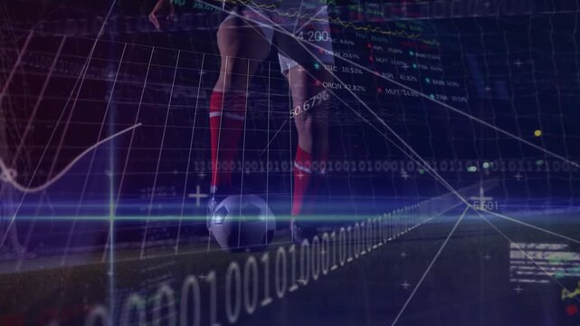 Male player shifting weight and tapping ball on pitch causing data overlays and percent for stats
