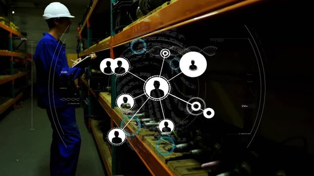 Checking worker wearing blue-coverall and white-hardhat using tablet at tool racks HUD, copy space