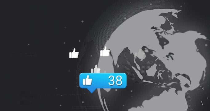 Empty blue bubble appearing, like increasing count and thumbs floating to globe showing engagement