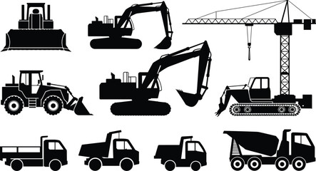 WebBlack construction vehicle silhouettes set with excavator crane bulldozer and dump truck isolated on white background for industrial building design. © Itz Mehedi's World
