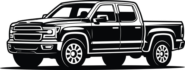 WebBlack and white pickup truck vector illustration, modern 4x4 double cab vehicle silhouette, off-road transport icon isolated on white background. © Itz Mehedi's World