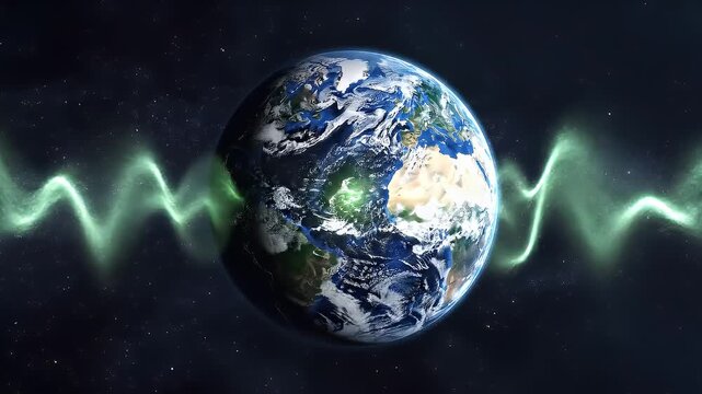 Earth seen from space with glowing green waves, representing global connections or energy transmissions